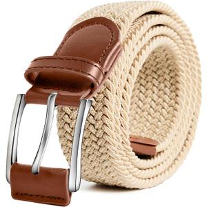 Men's Belt Elastic Braided Belt Casual Solid Color Stretch Woven Belt for Men (Beige)