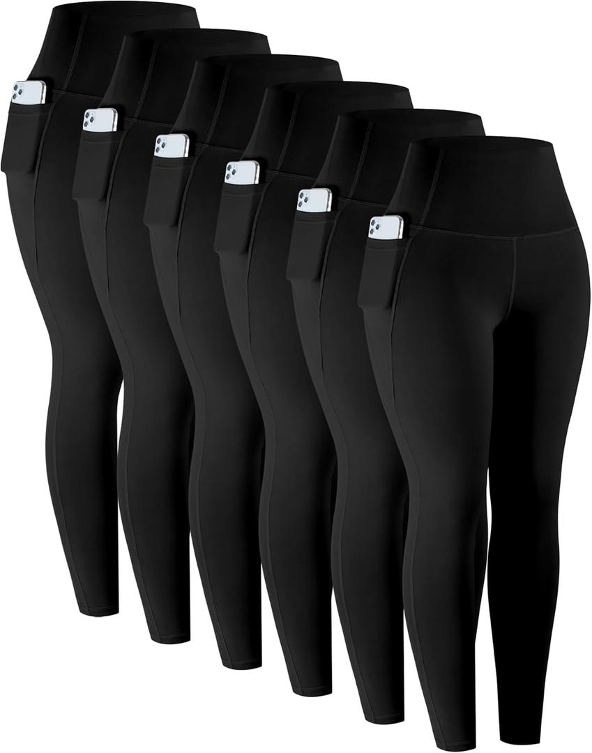 LZYVOO Leggings with Pockets for Women, 6 Packs Soft High Waisted Tummy Control Workout Yoga Pants(6Black-2XL)