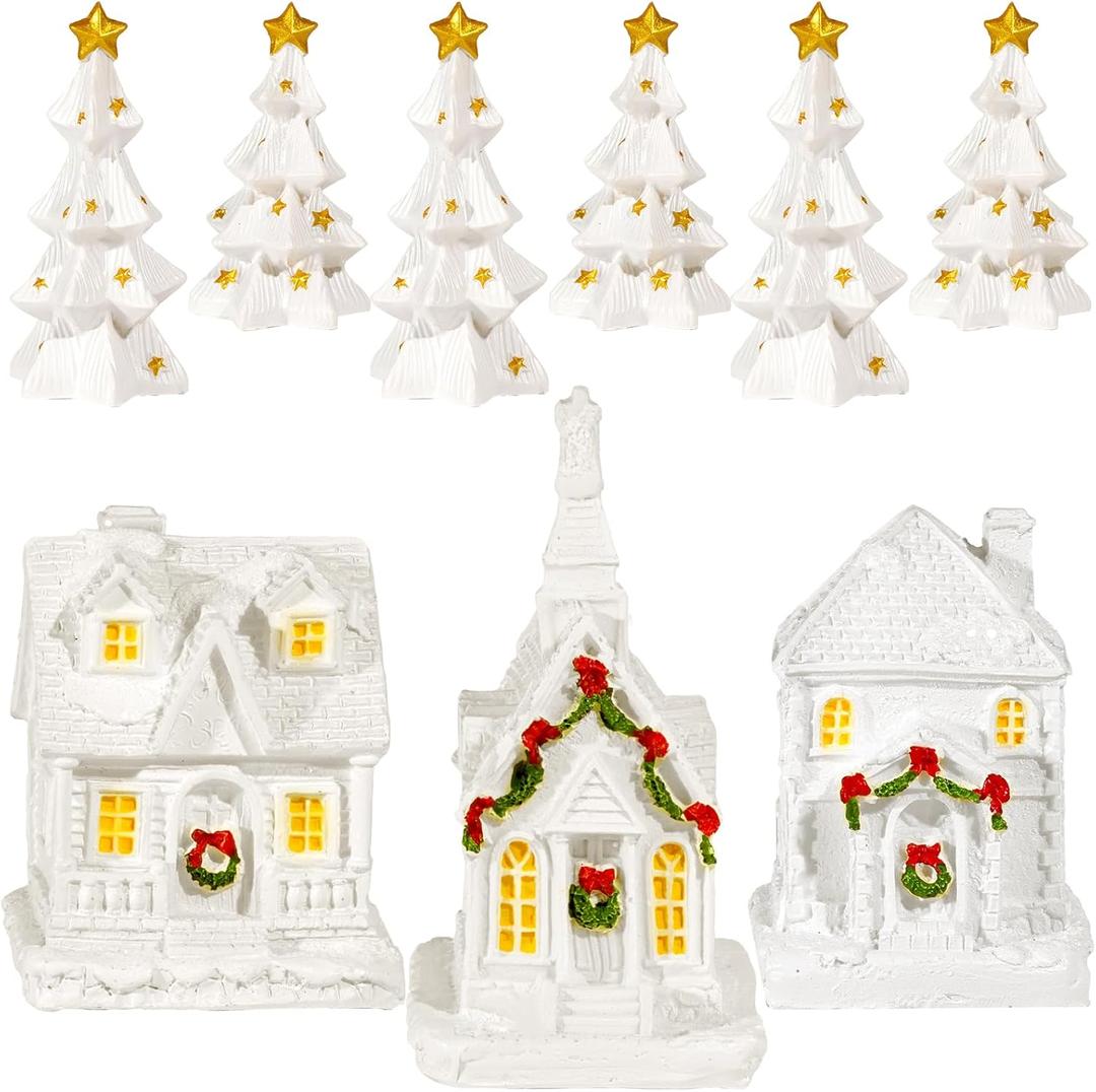 Bbiamsleep 9 Pcs Christmas Mini Village Sets White Resin Miniature Village Houses Trees Figurines Christmas Miniature Houses for Home Xmas Winter Decor