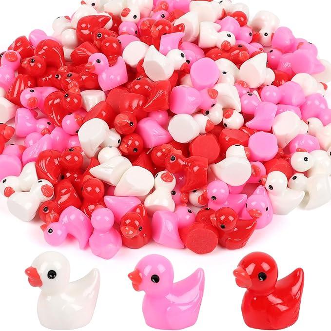100 Pcs Valentines Mini Resin Ducks Valentine's Day Small Little Resin Ducks Bulk to Hide Tiny Miniature Figures for Micro Garden Landscape Decoration Adults Craft Party Favors