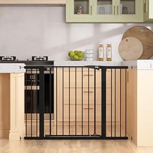 keny 29.7"-46" Baby Gate for Stairs, Auto Close Dog Gates for Doorways, Pressured Mounted No Drilling Pet Gate Extra Wide, One-Hand Opening Dual Lock Stair Gate, Indoor Kids Necessities, Black