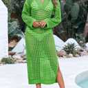Saodimallsu Womens Crochet Swimsuit Cover Up V Neck Collared Long Sleeve Mesh Knit Long Beach Coverup Maxi Dress (Green)