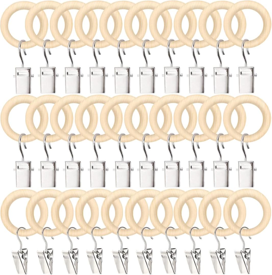 POVETIRE 30 Pack 2.5 Inch Wood Rings with Clips for Hanging Baby Headband Hair Accessories Baby Bib NecklaceJewelry Hat Holder