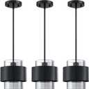 3 Pack 1 Light Hanging Indoor Kitchen Island Pendant Light 5.5" Drum Clear Smokey Glass Shade Pendant Ceiling Light Fixture,Black Finish Modern Farmhouse Dinning Over Sink (5.5'' Grey Glass Brushed Bronze)
