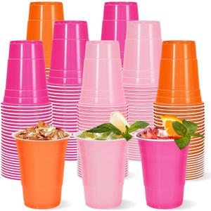 Whaline 60 Pcs Colored Plastic Cups 16 Oz Light Pink Hot Pink Orange Plastic Cups Disposable Cup for Wedding Birthday Party Supplies