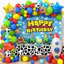 Winrayk 154Pcs Toy Inspired Story Birthday Party Decorations Supplies for Kids Teen, Balloon Arch with Backdrop Tablecloth Cow Print Balloons Star Rocket, Cartoon Game Girls Boys Birthday Party Decor
