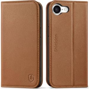 SHIELDON Wallet Case for iPhone 16e 6.1" 2025, Genuine Leather Flip Case Magnetic RFID Blocking Card Holder Kickstand Shockproof TPU Protective Cover Compatible with iPhone 16e 5G - Saddle Brown