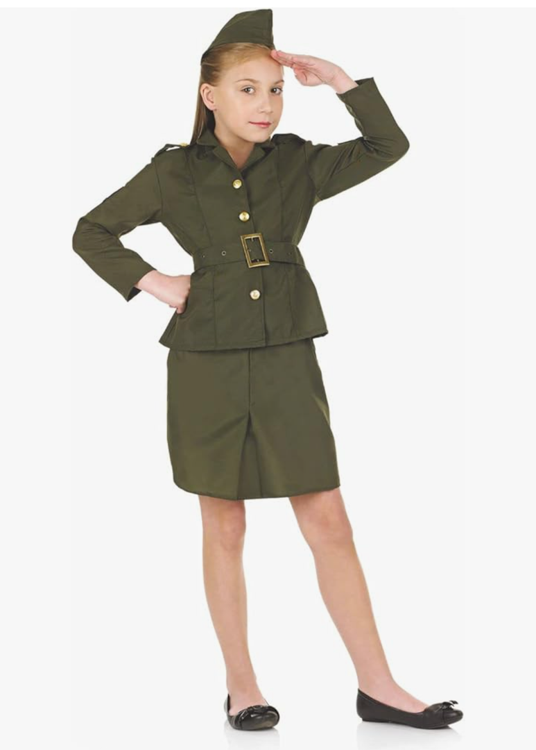 fun shack WW2 Army Girl Costume for Kids, Army Girls Halloween Outfit, Military Dress Up for Girls Size M