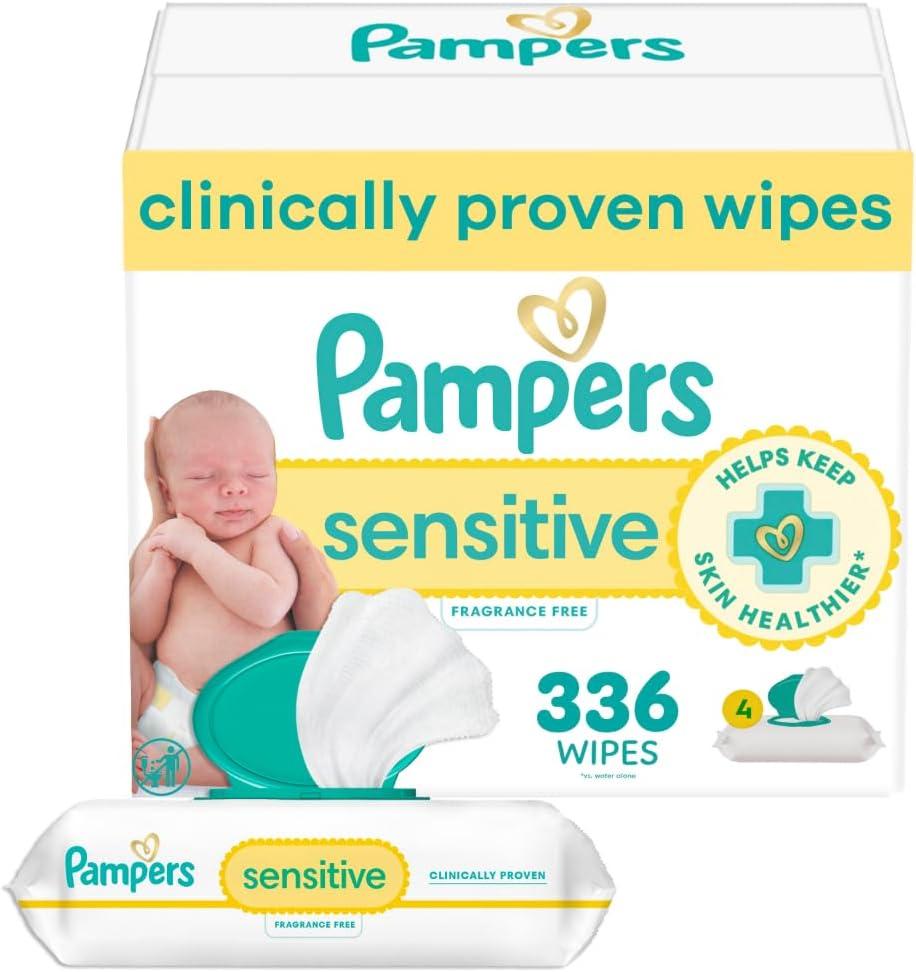Pampers Baby Wipes, Sensitive, Water Based Wipe, Clinically Proven, Hypoallergenic, and Unscented for Babies, 336 Wipes Total (4 Flip-Top Packs)