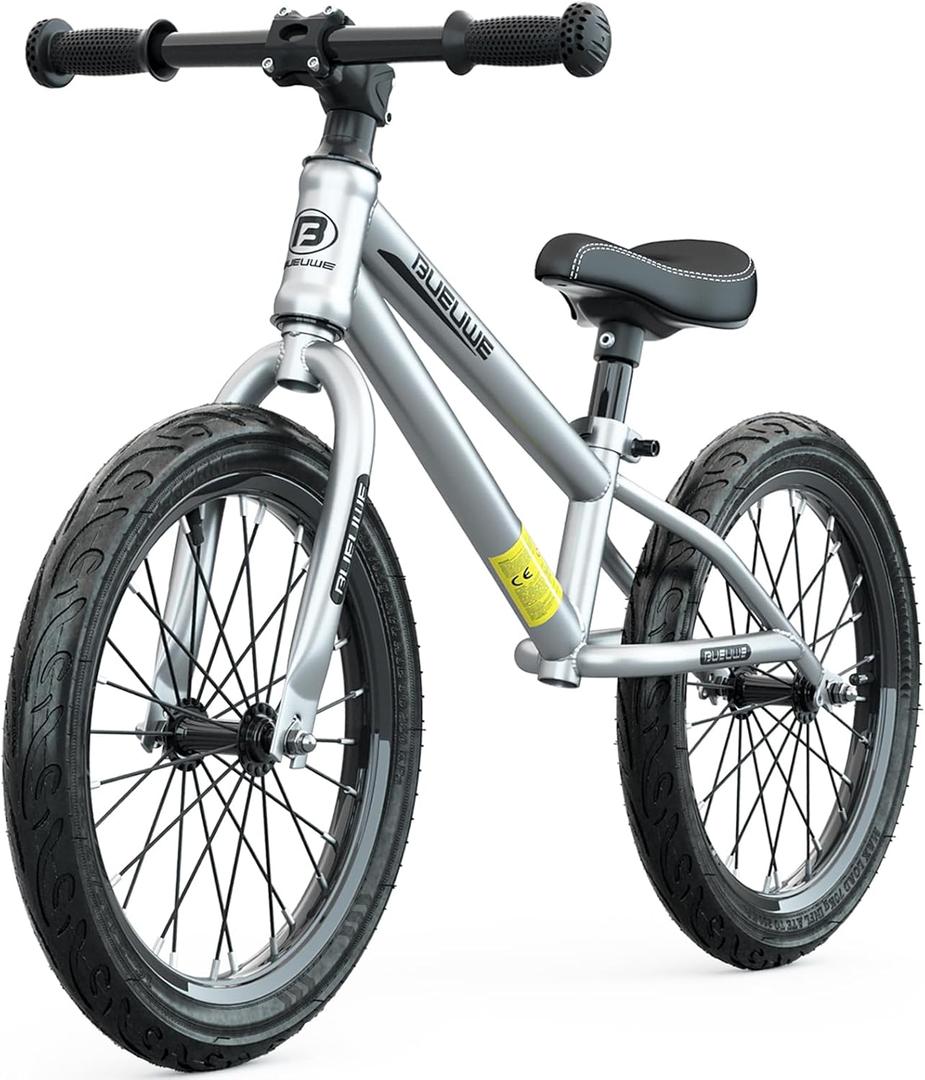Bueuwe Balance Bike 16 Inch up to 45 kg, Lightweight, Safe Children's Balance Bike with Robust Pneumatic Tyres, Adjustable Handlebar and Saddle, for Boys and Girls from 4 5 6 7 8 Years, Silver