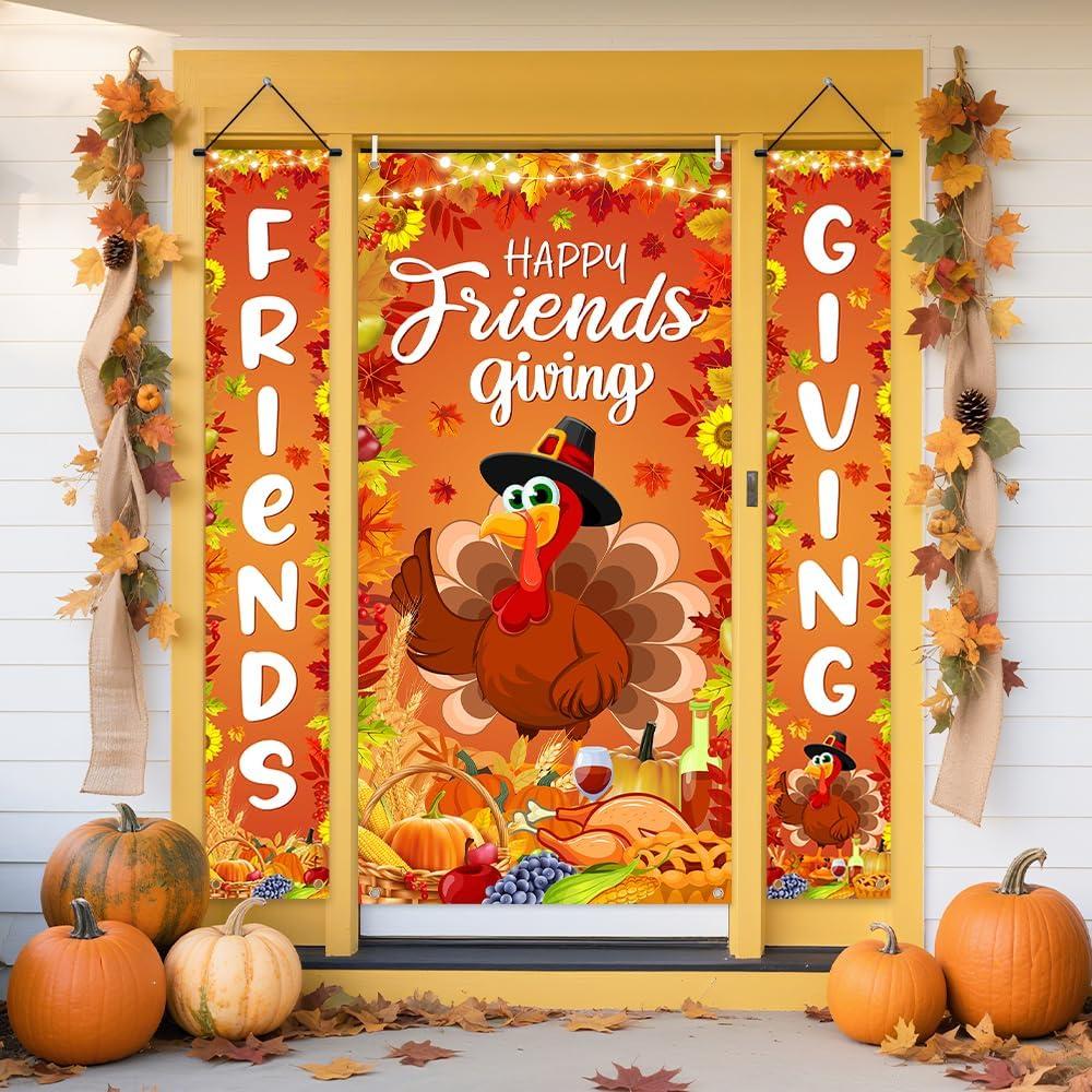 AIBIIN 3PCS Thanksgiving Door Banner Friends Giving Door Cover Party Decorations Banner Happy Friendsgiving Thanksgiving Party Decorations Backdrop Turkey Day Fall Leaves Outdoor Indoor