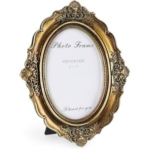 Cuspin 5x7 Picture Frame Gold Oval Frames, Vintage Bronze Hand-Crafted Resin with Glass Front, Ornate Retro Antique Photo Frame for Wall and Tabletop Display Home Decor