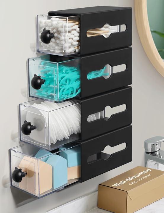 Qtip Holder for Bathroom Wall Organizer  Bathroom Decor, Dorm Room Essential, Small Q-tip Dispenser for Cotton Swabs, Balls, Pads, Floss Picks  Office Storage, Vanity Makeup Organizer(4 Pcs)
