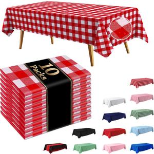10 Pack Red and White Checkered Tablecloths, 54×108 Inches Rectangle Plastic Gingham Table Covers, Waterproof Disposable Table Cloths for Birthday, Picnic, Holiday Party Decoration, 54"x108" - 10 Packs