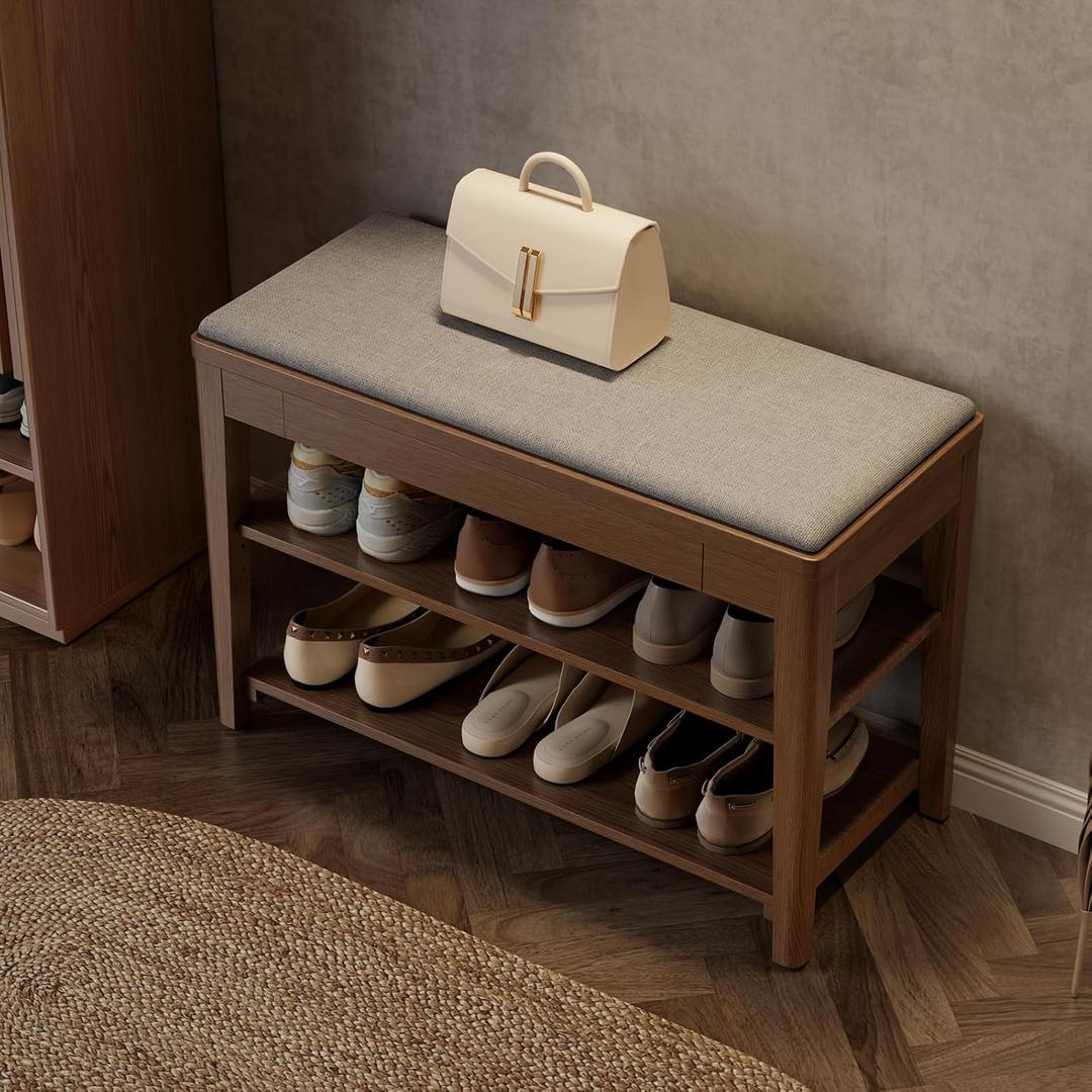 Small Shoe Bench with Storage, Wooden Shoe Storage Bench with Cushion&Hidden Drawer, 2-Tier Shoe Rack Bench for Entryway, Mudroom, Hallway (31.5"W x 13.6"D x 21.3"H)
