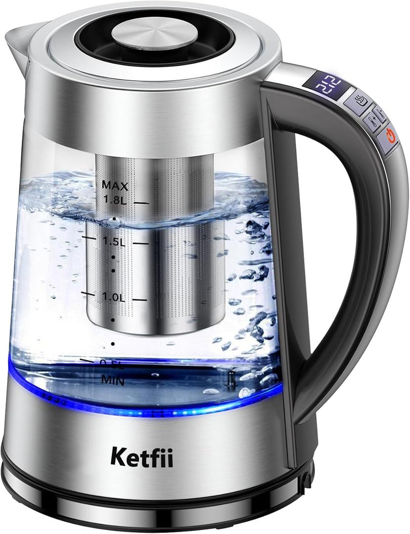Electric Kettle with British Strix Thermostat, 1.8L 1500W, 24-Hour Keep Warm, Removable Lid, Glass Tea Kettle & Hot Water Boiler, BPA-FREE, Auto Shut-Off & Boil-Dry Protection, 304 Stainless Steel