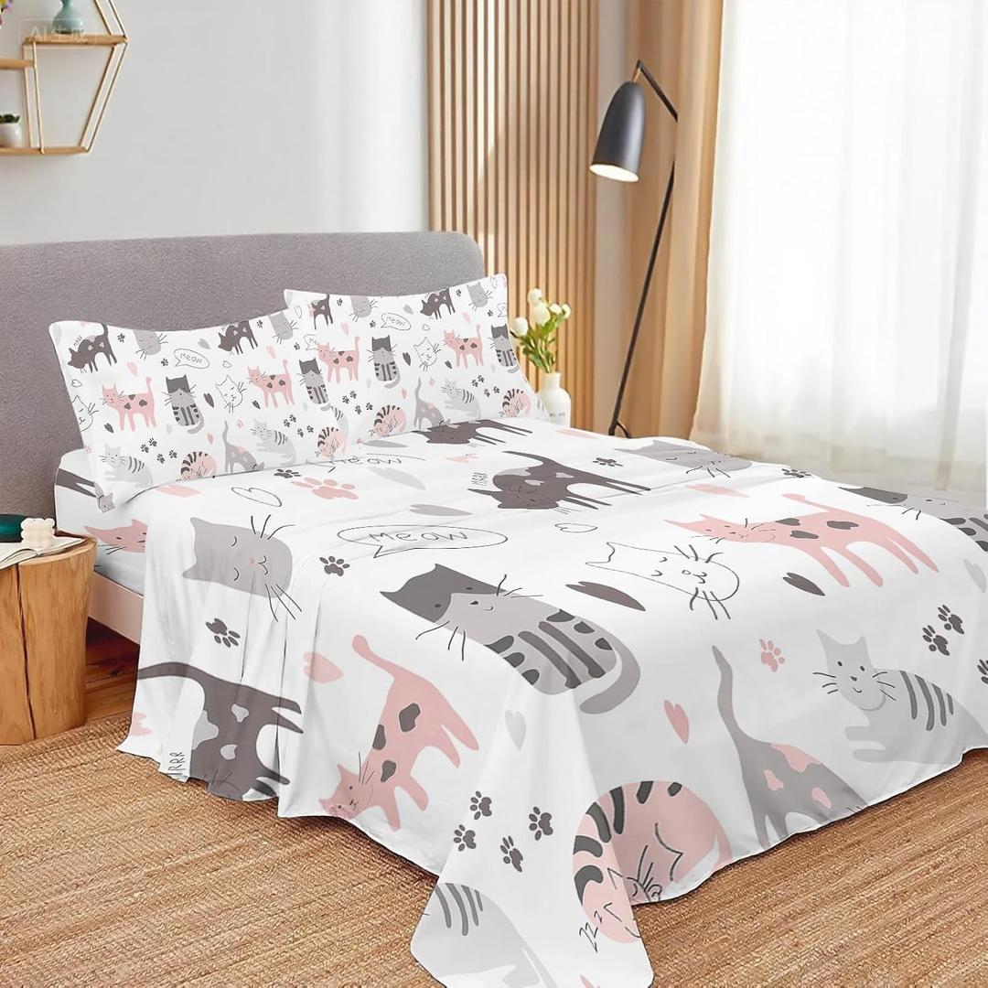 Kids Bedding Cartoon Cat Full Sheet Sets, Soft and Breathable Microfiber Cat Animal,1 Fitted Sheet 1 Flat Sheet and 2 Pillowcases