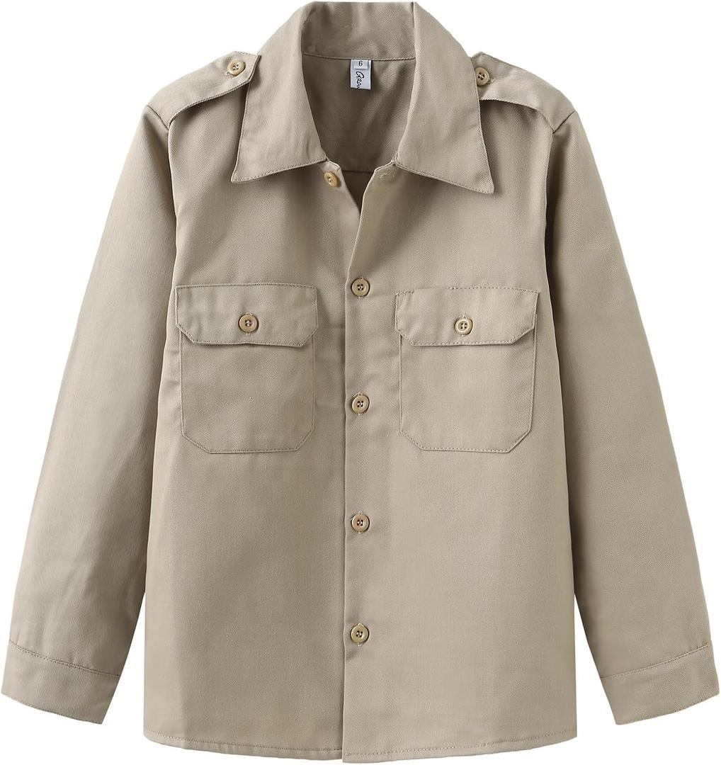 GRANDWISH Boys Long Sleeve Button-Down Shirt, Kids Work Shirt, Khaki Size 6-14