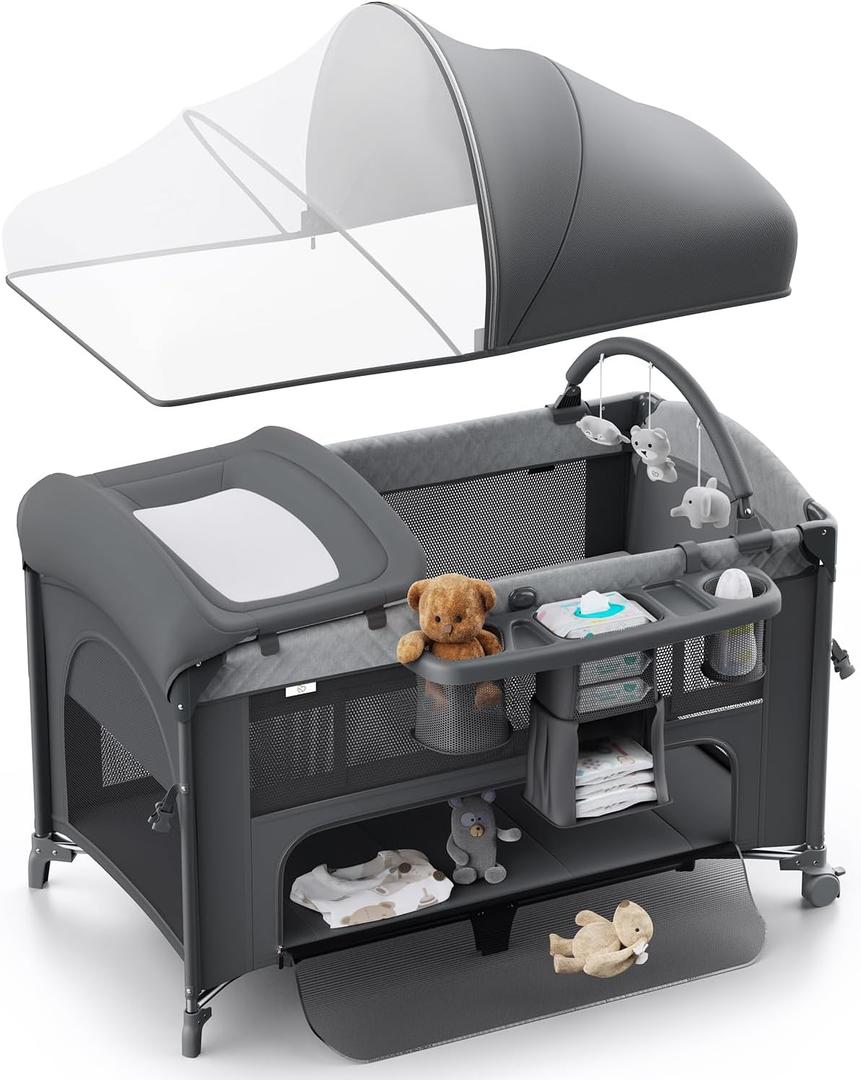 4 in 1 Baby Bassinet, Pack and Play, Bedside Crib Sleeper, Diaper Changer - Comes with Mattress, Mosquito Net, Bottom Storage and Toy Bar for Newborn to Toddles (Grey)
