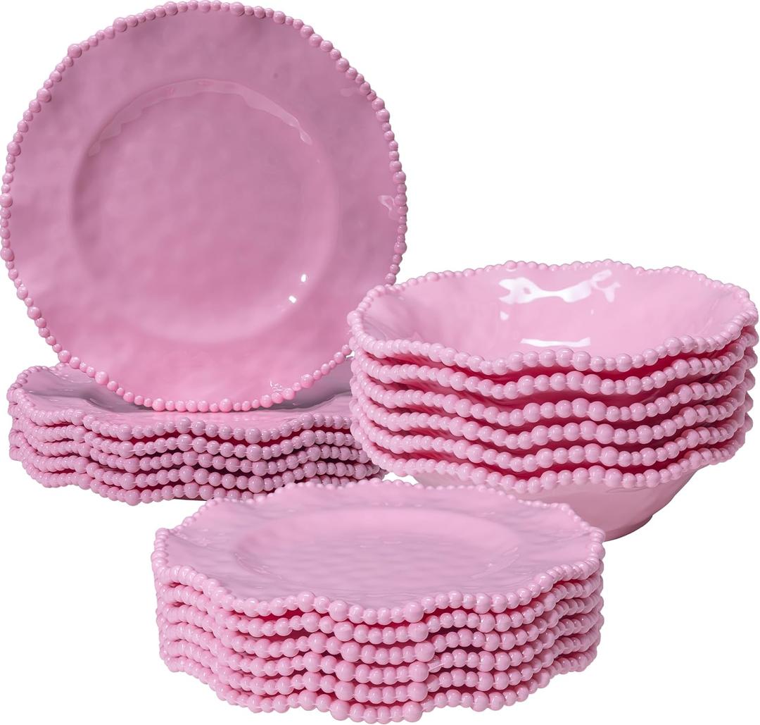 Pink Dishes Melamine Dinnerware Sets, 18 Piece Kitchen Plates and Bowls tableware Set, Lightweight, BPA free Beaded Serving Dishes for Girls, Valentine's Day, Mother's Day. Service for 6.
