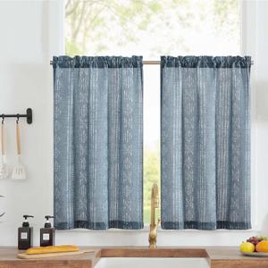 jinchan Boho Kitchen Curtains Linen Tier Curtains 24 Inch Bohemian Cafe Geometric Striped Mudcloth Small Window Drapes Light Filtering Farmhouse Country Rustic for Bathroom RV 2 Panels Blue