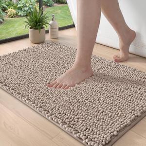 DEXI Bathroom Rugs 32x20, Super Soft Thick Chenille Absorbent Bath Mat, Non Slip Machine Washable Fluffy Shag Bathmat for Tub, Shower Floor, Dark Beige