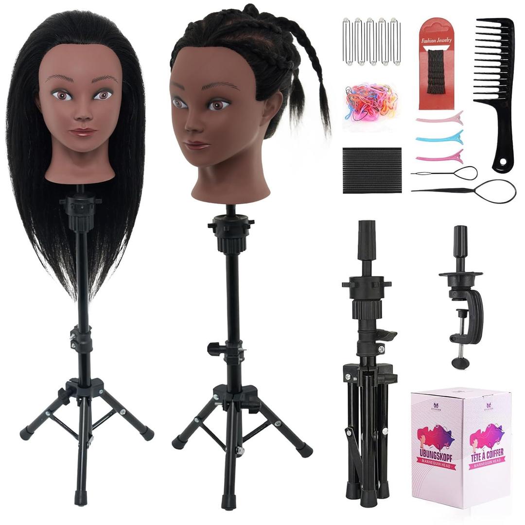 18" Mannequin Head Human Hair with Stand - 100% Real Human Hair Mannequin Head for Braiding, Cosmetology Manikin Doll Head for Hair Styling with Tripod Stand Table Clamp Hair Braiding Set,Black