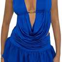 Milumia Women's Two Piece Outfits Summer Deep V Neck Draped Halter Top Ruffle Layered Mini Skirt Sets Going Out (XS)