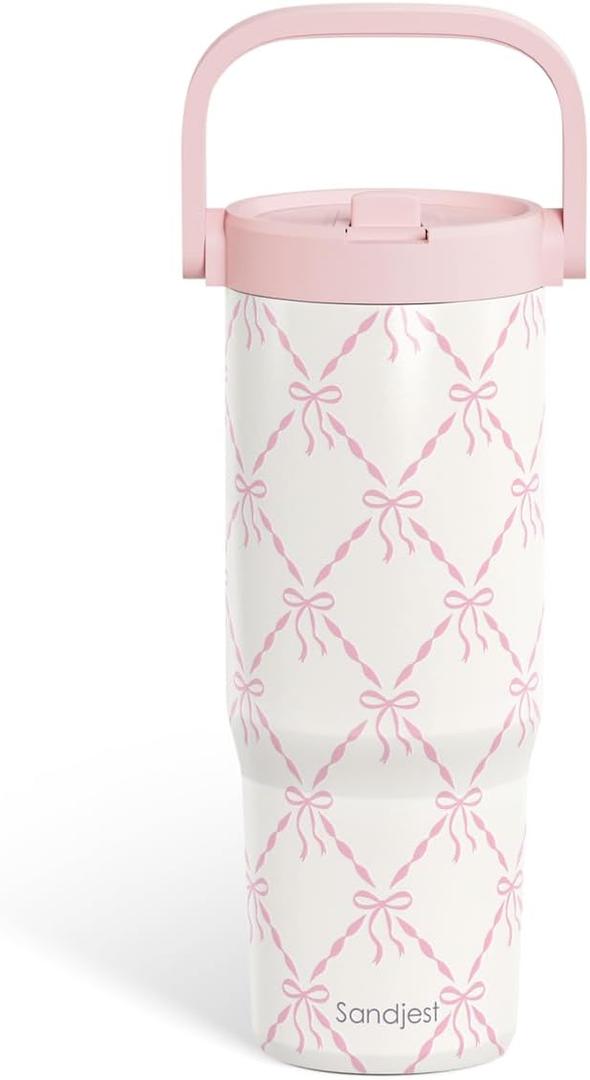 SANDJEST Bow Stainless Steel Straw Lid Tumbler 30oz with Carry Handle for Women Girls, Insulated Travel Coffee Cup, Gift for Sports Outdoor Workout Christmas Birthday