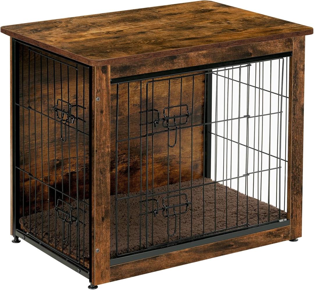 DWANTON Dog Crate Furniture with Cushion, Wooden Kennel Table with Double Doors, Indoor Dog House, 27.2" L, Rustic Brown , 27.2"L x 20.1"W x 23.6"H