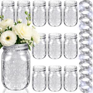 Tioncy 12 Pcs Painted Mason Jars for Table Glass Decorative Jars with 12 Light Strings for DIY, Wedding, Graduation, Bridal Shower, Housewarming, Home Decoration (Silver)