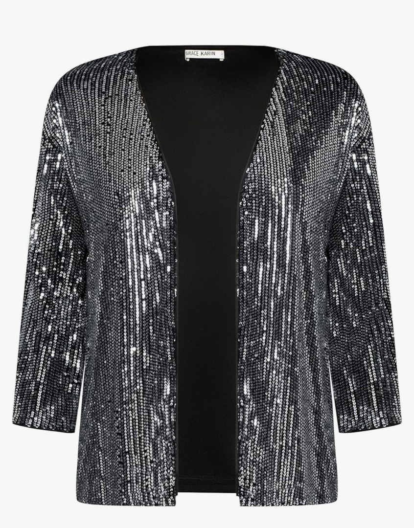 GRACE KARIN 2024 Women's 3/4 Sleeve Sequin Jackets Open Front Sequin Cardigan Sweaters Blazer XL