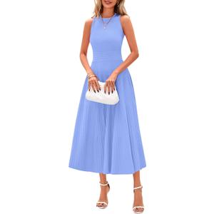 PRETTYGARDEN Women's Summer Midi Dresses 2025 Sleeveless Crewneck Knit A Line Pleated Swing Wedding Guest Casual Tank Dress(Sky Blue, Large)