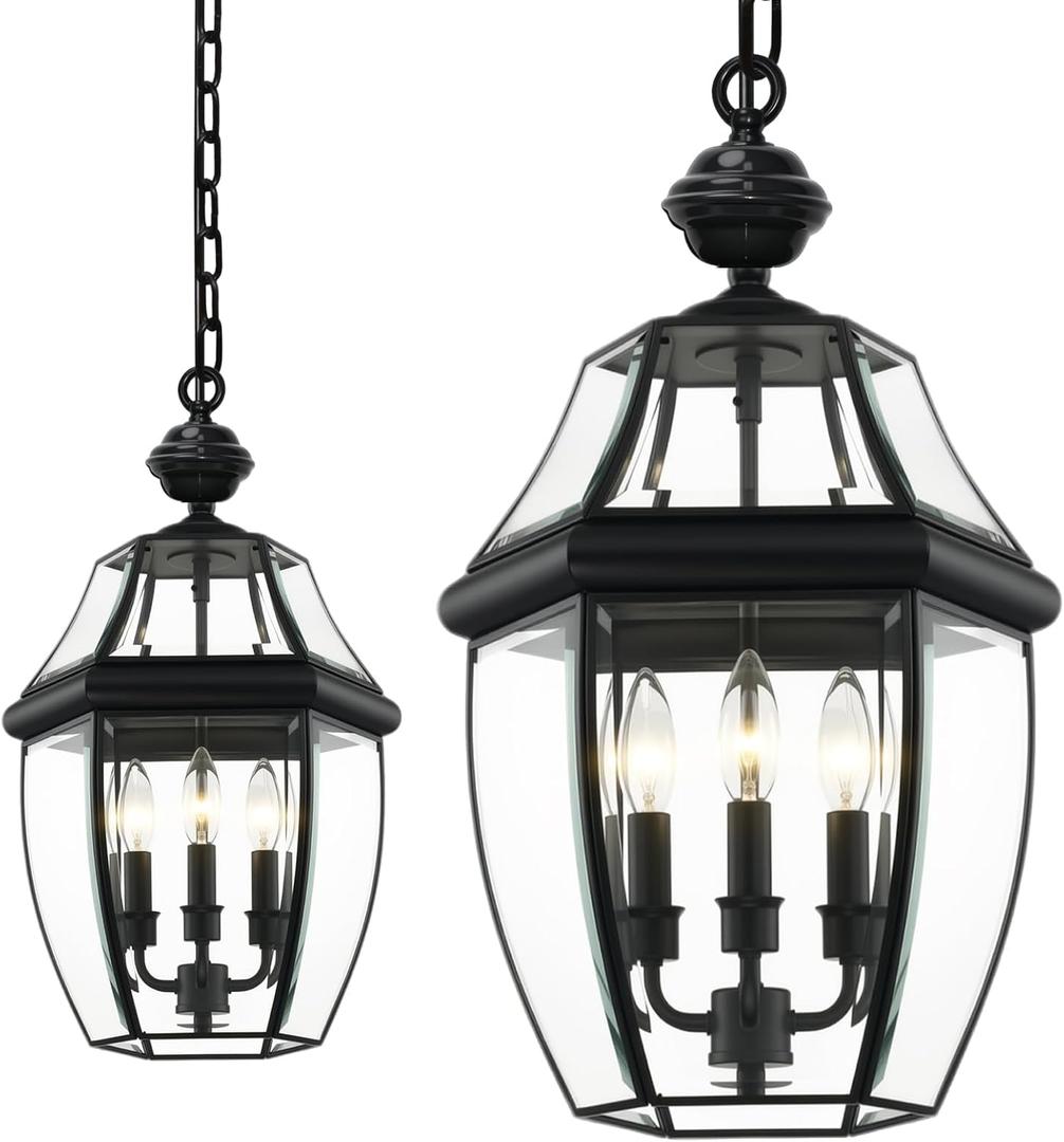3-Light Outdoor Pendant Light, 20 Inch Black Waterproof Porch Lantern, Modern Hanging Light with Clear Glass, Weather Resistant for Front Door, Patio, Gazebo
