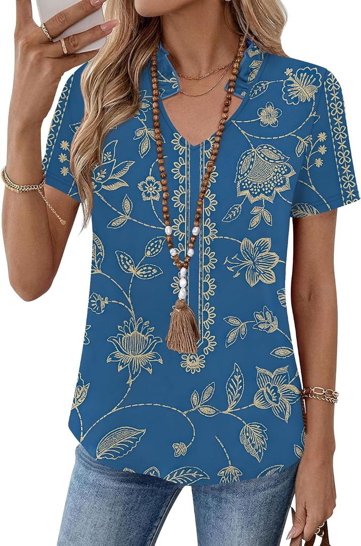 Kistore Womens Summer Tops Short Sleeve V Neck Casual Shirts Beach Vacation Dressy Work Blouses (XL)