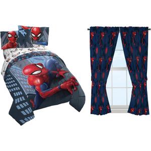 Jay Franco Marvel Spiderman Crawl Queen Bed Set and Saving The Day Drapes Bundle