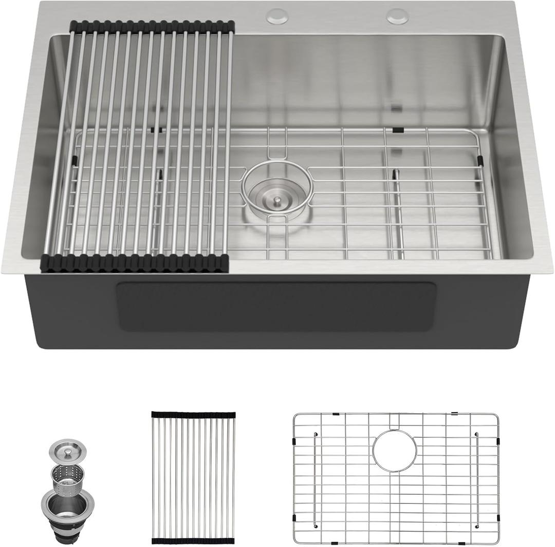 Drop In Kitchen Sink - 28 Inch Drop In 16 Gauge 304 Stainless Steel Kitchen Sink Handmade Topmount Single Bowl Over Counter Sinks Basin Round Corner, 28"x22"x9" #TLT-0037