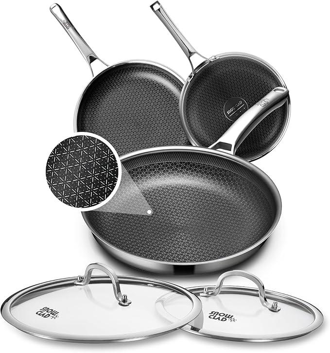 OATOFP Non Stick Frying Pans Set with 2 Lid, Hybrid Skillet Set Nonstick (8+10+12inch), Pans for cooking, PFOA Free Stainless Steel Kitchen set, Dishwasher and OvenSafe Cookware Sets