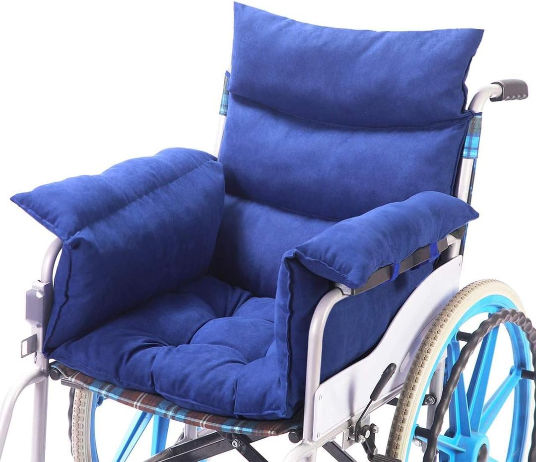 Wheelchair CushionsPressure Pain Relief Accessories with Armrest Covers. Supports Coccyx & Back, Non-Slip. Fits 18" Wheelchair with Full Arms, Blue.