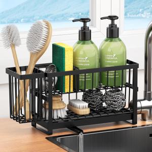 Sponge Holder for Kitchen Sink, 2 Tier Sink Caddy Organizer Countertop with Dish Brush Holder and 360 Drain Tray, Rustproof Stainless Steel Dish Soap Storage Rack Set for Accessories (Black)