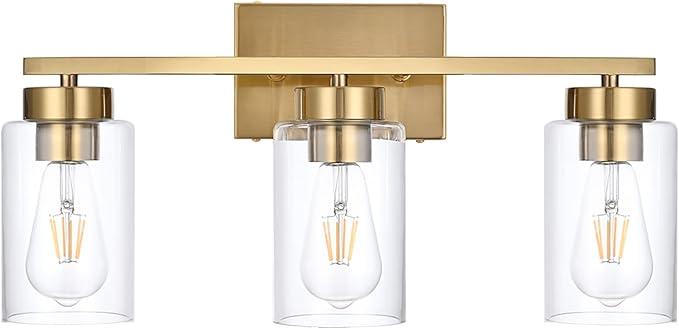 A1A9 3-Light Bathroom Vanity Light, Modern Brushed Gold Wall Lights with Clear Glass Shades, Bathroom Wall Sconce Lamp for Mirror Living Room Bedroom Hallway