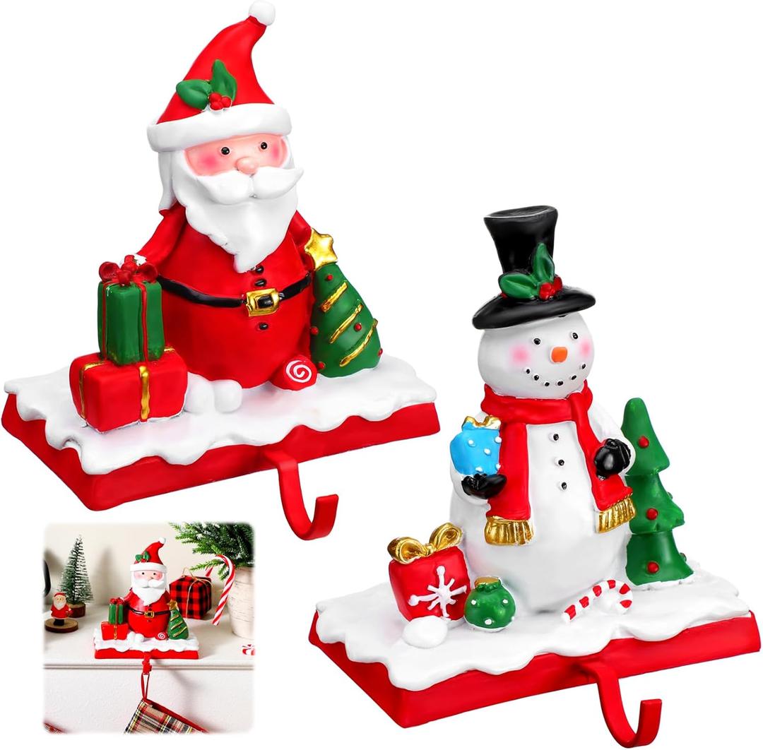 2 Pcs Christmas Stocking Holders for Mantle Resin Santa Snowman Mantle Stocking Hangers Set Weighted Non-Slip Fireplace Holders Xmas Hanging Hooks for Christmas Party Decoration