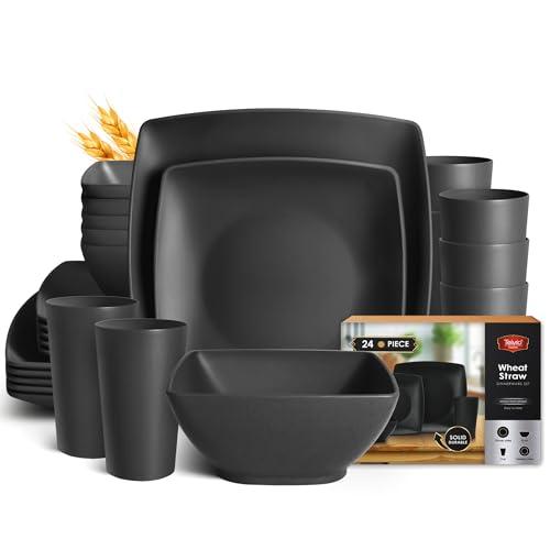 Teivio 24-piece Plastic Wheat Straw Square Dinnerware Set for 6, Unbreakable Dinner Plates, Salad Plates, Snack Bowls, Tumblers 13.5 oz, Dishwasher Safe, Outdoor Kitchen RV Dishes, Black