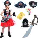 Girl's Pirate Costume DressBuccaneer Princess Dress With Eye-Patch,Coins,Jewels,Earring 7-8years