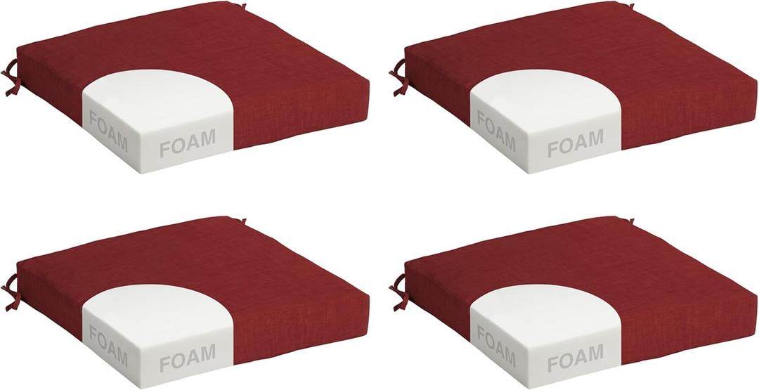 Arden Outdoor Seat Cushion, Foam, 4-Pack, 19x19, Ruby Red | Premium High Density Foam, Never Flattens, Weather-Proof for Outdoor Chairs, Mold and Mildew Resistant