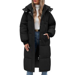 Women's Winter Jacket Long Puffer Coat Hooded Warm Parka Down Jackets Coats Zip Up Outerwear with Decorative Pockets (X-Large, Black)