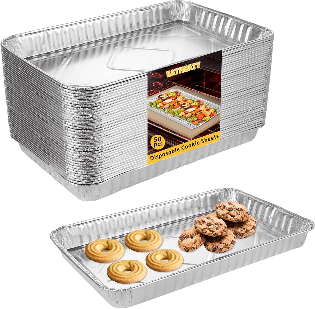 50 Pack Aluminum Pans Half Size 12.7 x 8 inch Disposable Cookie Sheets Baking Cake Pans, Nonstick Baking Sheets Foil Pans Shallow Sheet Pan Baking Tray