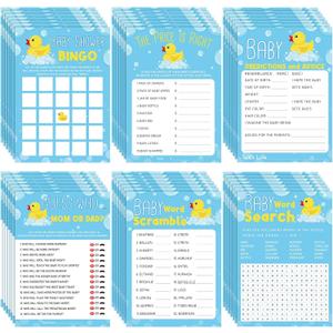 Jetec 302 Pcs Yellow Rubber Duck Theme Baby Shower Games, 6 Games, 50 Sheets Each - Baby Shower Bingo, Word Scramble, Word Search, Baby Predictions and Advice, The Price is Right, Guess Who