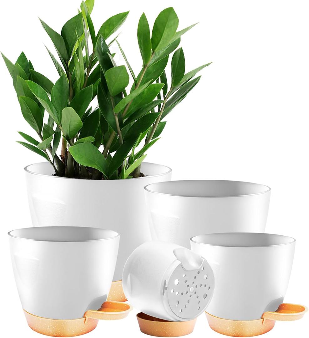 5-Pack Plant Pots with Drainage 7/6.5/6/5.5/5 Inch, Self Watering Pots for Indoor Plants, Planters for Indoor Outdoor Plants, Plastic Flower Pot, Planter for Indoor Outdoor (White)