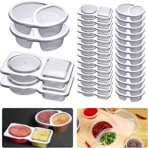 32 Sets Double Compartment Condiment Container, Disposable 2 Compartment Snack Containers with Lids, Reusable Plastic Double Condiment Containers for Salad, Sampling, Dipping SauceTravel Snack